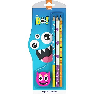 Kit Escolar Monster 3 Lápis Estampados HB + 1 Borracha - BRW