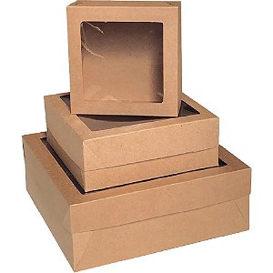 Caixa Presente com Tampa 28X28X10CM KRAFT com Visor Transparente - Pacote com 10