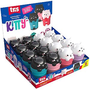 Apontador Depósito TRIS KITTY 2 em 1 com Borracha - 4 Modelos - Display com 16 Unidades