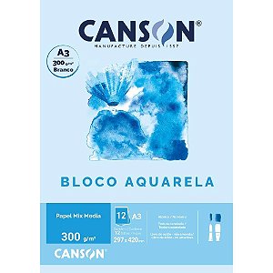 Bloco para Educação Artística Aquarela Branco A3 300G 12 Folhas