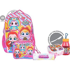 Mochila Infantil GIRLS Surprise com Lancheira, Estojo, Garrafa, Pote e Colher - KIT com 6 Peças