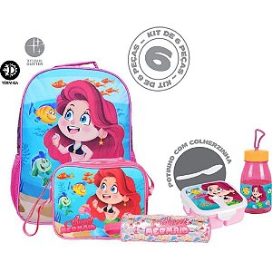 Mochila Infantil Mermaid Grande com 6 Peças