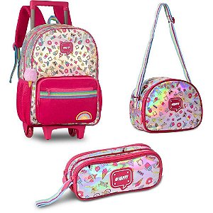 Mochila Infantil com Rodinha Holográfica Estojo+lancheira