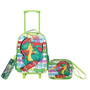 Mochila Infantil com Rodinhas Dinossauro KIT com 3 Peças Sortidas