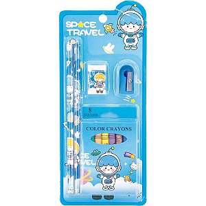 Kit Escolar VD/AZ C/4PÇS e GIZ de Cera
