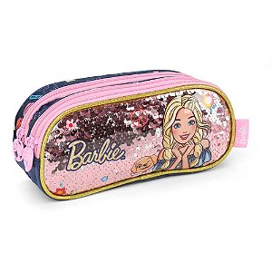 Estojo Escolar de Tecido Barbie 3 Zíperes Azul
