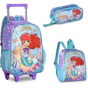 Mochila Infantil com Rodinha Sereias G Estojo+lancheira