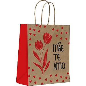 Sacola para Presente Decorada Mãe TE AMO Grande 32X38X19CM - Pacote com 10
