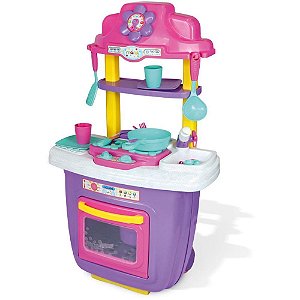 Brincando de Casinha - Cozinha Portátil Rosa com 16 Utensílios