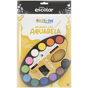 Livro Aquarela Escolinha Paleta com Pincel e 12 Cores