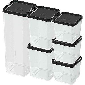 Pote Plástico Conjunto com 6 Potes Modulares Preto - BPA Free