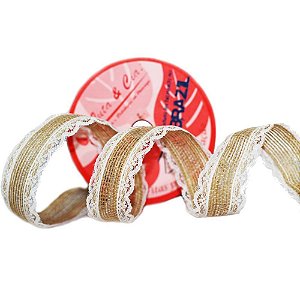 Fita ARAMADA de Juta 30MM X 5M Natural com Renda Branca