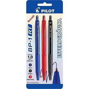 Caneta Esferográfica Pilot BP-1 Retrátil 1.0MM AZUL/PRETO/VERMELHO Blister com 3