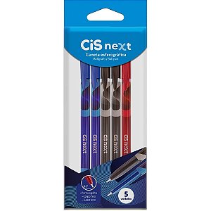 Caneta Esferográfica CIS NEXT 0.7MM 2 Azuis, 2 Pretas e 1 Vermelha Blister com 5 Unidades