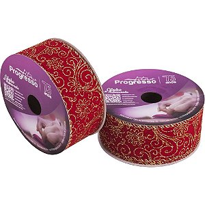 Fita ARAMADA Natal Veludo Vermelho com Arabesco 38MM X 10M