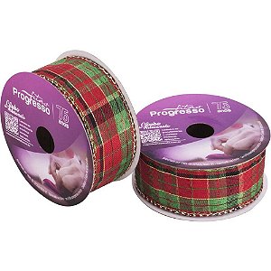 Fita ARAMADA Natal Xadrez Natalino com Dourado 38MM X 10M