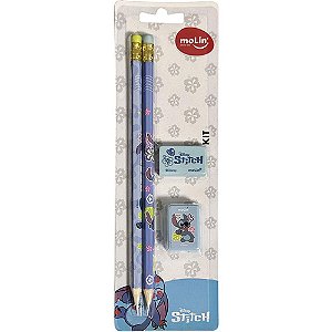 Kit Escolar STITCH com 2 Lápis, Borracha e Apontador – Molin com 4 Produtos