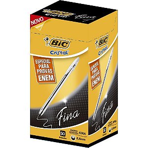 Caneta Esferográfica Cristal Fina Preta Corpo Transparente - Caixa com 50 Unidades