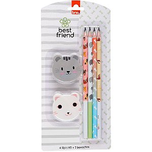 Kit Escolar BEST Friends com 4 Lápis HB + 2 Borrachas - Blister