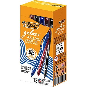 Caneta GEL BIC Gelocity Quick DRY Ponta Fina 0,7MM AZUL, Preto e Vermelho Caixa com 12 Unidades