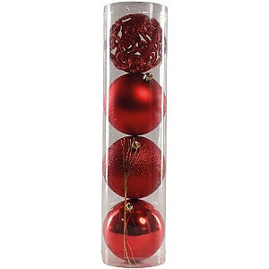 Artigo para Decoração Natal Bola 8CM 4 Modelos Vermelha C/04 Unidades Tubo