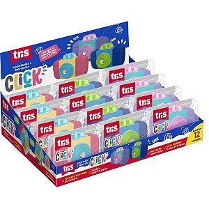 Borracha Colorida TRIS CLICK com Apontador e Rolinho 3 Cores Display com 12