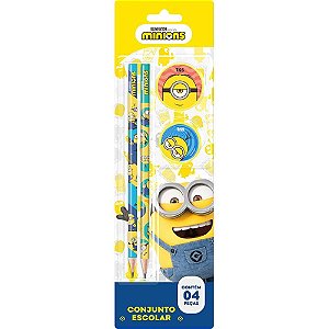 Kit Escolar Minions 2 Lápis + 1 Apontador + 1 Borracha Blister