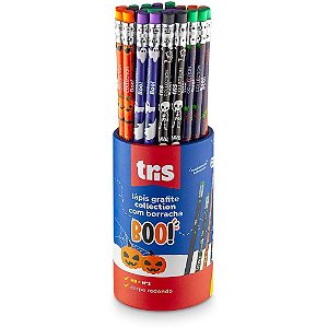 Lápis Preto Redondo Decorado TRIS Collection Boo com Borracha - Pote com 36