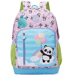Mochila Infantil College Panda Balão Rosa Média com Chaveiro