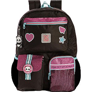 Mochila Utility Panda Preta 16" com Detalhes em PVC e Chaveiro