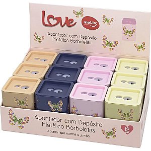 Apontador com Depósito 2 Furos Love Borboletas Metálico - Display com 12 Unidades