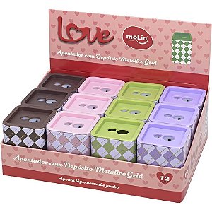 Apontador com Depósito 2 Furos Love GRID Metálico - 4 Cores - Display com 12 Unidades
