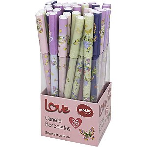 Caneta Esferográfica Love Borboletas Tinta Preta Sortido - Display com 36 Unidades