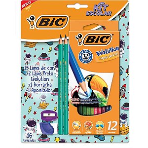 Kit Escolar Básico BIC - Lápis de COR + Lápis Preto + Borracha + Apontador - Blister com 16 Unidades