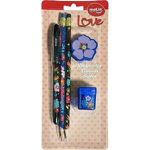Kit Escolar Love com Caneta, 2 Lápis, Borracha e Apontador