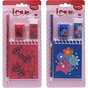 Kit Escolar Love com 1 Lápis, 1 Apontador, 1 Borracha e 1 Bloco de Notas