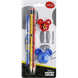 Kit Escolar Mickey - 1 Caneta, 2 Lápis, 1 Borracha e 1 Apontador