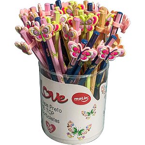 Lápis Preto Sextavado Decorado Love Borboletas com Borracha TOP - Pote com 36 Unidades