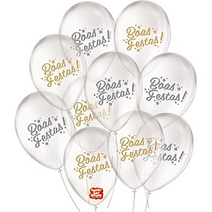 Balão 9" Decorado Boas Festas Pacote com 25