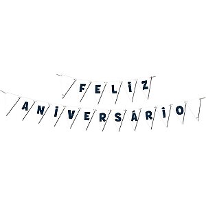 Faixa Decorativa Feliz Aniversário Branca com Cordão 2,15M X 11CM