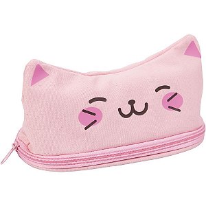 Estojo Simples Kawaii Gatinho Rosa em Lona