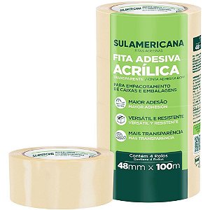 Fita para Empacotamento Sulamericana PP 48MM X 100M Transparente Pacote com 4