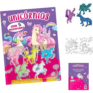 Livro Brinquedo Ilustrado Unicórnios com 5 Miniaturas e 24 Páginas