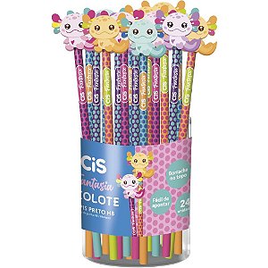 Lápis Preto Redondo Decorado CIS Axolote com Borracha Pote com 24 Unidades