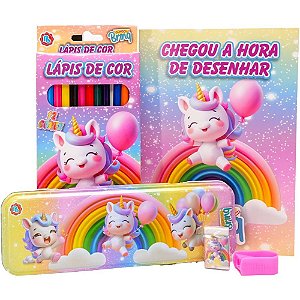 Kit Escolar DOCES/UNICÓRNIO para Colorir com Estojo Metálico