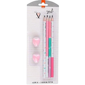 Kit Escolar S2 com 4 Lápis Estampados HB + 2 Borrachas – Blister