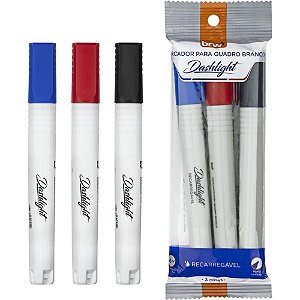 Pincel para Quadro Branco Dashlight Recarregável AZUL, Preto e Vermelho Blister com 3 Unidades