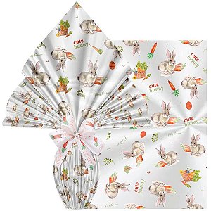 Saco Polipropileno Transparente Decorado Coelho e Cenoura 10X15CM Pacote com 50 Unidades