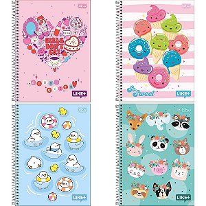 Caderno 01X1 Capa Dura Like+ 96 Folhas Feminino Pacote com 4