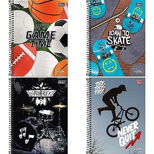 Caderno 01X1 Capa Dura Vibe 80 Folhas Masculino Pacote com 4